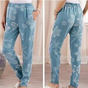 Soft Surrounding Lochlea Chambray Pants Size M Blue Floral Tencel Pull On Soft